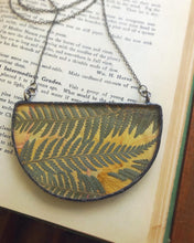 Load image into Gallery viewer, Half Round Flat Glass Necklace with Ferns and Peach Rose Petals