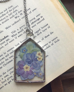 Home Shaped Necklace with Hydrangea and Forget Me Nots
