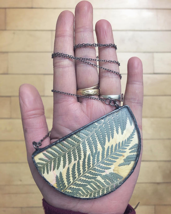 Half Round Flat Glass Necklace with Ferns and Peach Rose Petals
