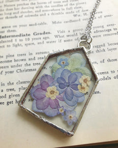 Home Shaped Necklace with Hydrangea and Forget Me Nots