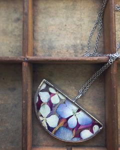 Half Round Flat Glass Necklace with Hydrangea Petals