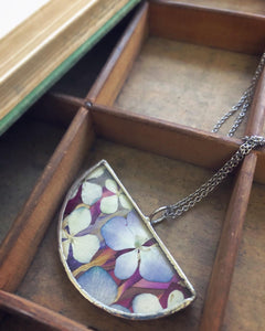 Half Round Flat Glass Necklace with Hydrangea Petals