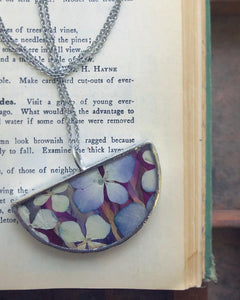 Half Round Flat Glass Necklace with Hydrangea Petals
