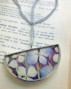 Half Round Flat Glass Necklace with Hydrangea Petals