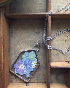 Home Shaped Necklace with Hydrangea and Forget Me Nots