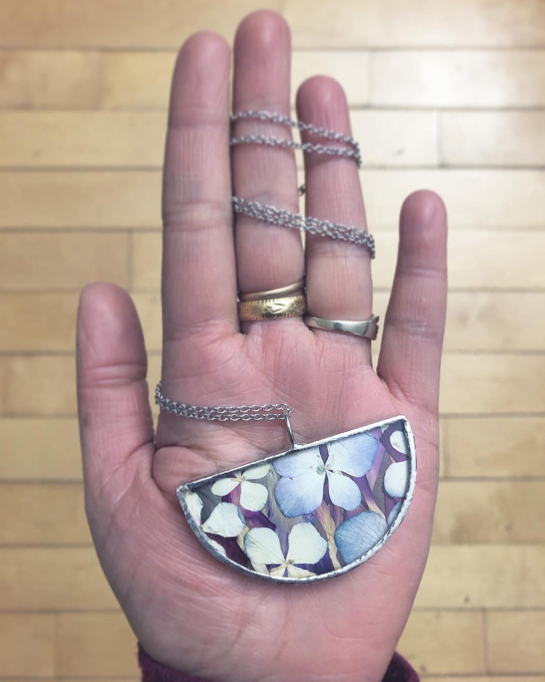 Half Round Flat Glass Necklace with Hydrangea Petals