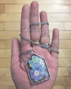 Home Shaped Necklace with Hydrangea and Forget Me Nots