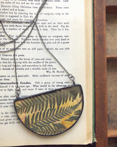 Half Round Flat Glass Necklace with Ferns and Peach Rose Petals