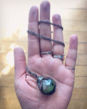 Load image into Gallery viewer, Glass Globe Necklace with Black and Green Feather