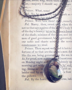 Glass Globe Necklace with Black and Green Feather