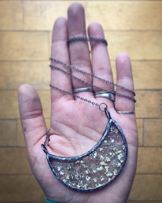Crescent Moon Necklace with Babies Breath
