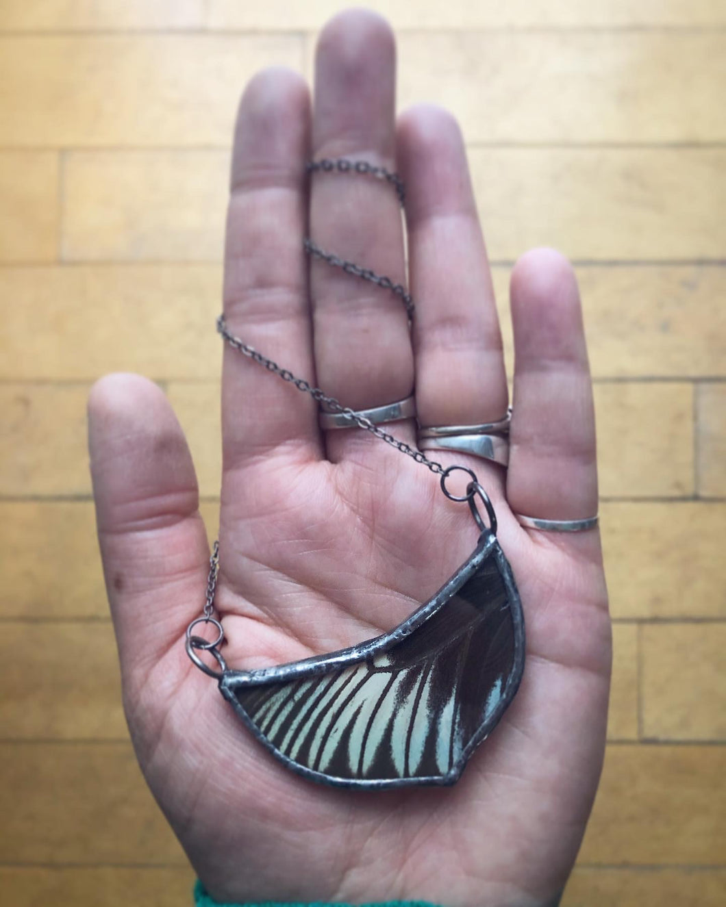 Lemon Bottom Shaped, Black & White Butterfly Wing Necklace