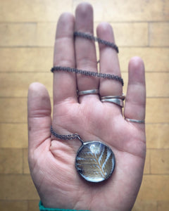 Fern on White With Crescent Moon Backing  Necklace