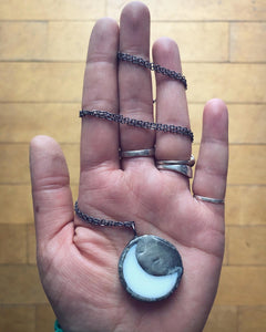 Fern on White With Crescent Moon Backing  Necklace